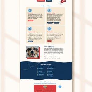 May include: A website landing page for Sailor's Dog Walking & Pet Care featuring a header with a dog on a wooden path, sections for services, memberships, a dog named Sailor, service areas, client testimonials, award badges, and a comparison table.