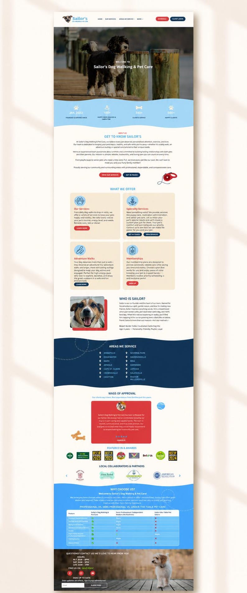 May include: A website landing page for Sailor's Dog Walking & Pet Care featuring a header with a dog on a wooden path, sections for services, memberships, a dog named Sailor, service areas, client testimonials, award badges, and a comparison table.