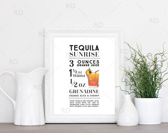 Tequila Sunrise Cocktail - PRINTABLE Wall Art / Cocktail Recipe Wall Art / Mixed Drink with Recipes Printable Wall Art / Cocktail Wall Art