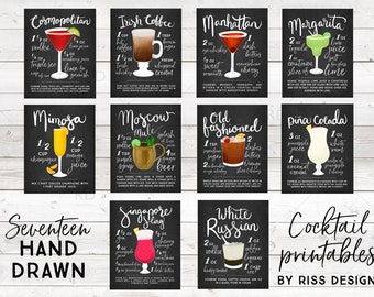 LIMITED TIME ONLY - Cocktail Chalkboard Printable Bundle Wall Art / Cocktails Mixed Drinks Wall Art / Hand Drawn Cocktails / Cocktail Print