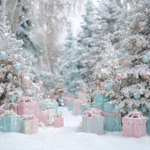 May include: A winter wonderland scene featuring snow-covered Christmas trees adorned with pastel-colored ornaments. Pink and blue wrapped gift boxes are arranged at the base of the trees, creating a festive and dreamy atmosphere. Snowflakes gently fall, enhancing the holiday ambiance.