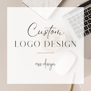 May include: A white background with the text "Custom Logo Design" and "riss design" in black script font. A laptop, mouse, and pen are also visible.