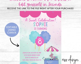 Cotton Candy Themed Birthday Invitation / PRINTABLE Birthday Invitation / Fully Customizable in Canva! You Edit! Cotton Candy Birthday