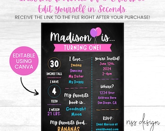 Baby's First Birthday Invitation with Chalkboard Background - PRINTABLE First Birthday Invitation / Fully Customizable in Canva! You Edit!