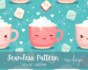 Seamless Kawaii Style Hot Chocolate Design / 12" x 12" Seamless Design / Kawaii Seamless Hot Cocoa / Christmas Design / 300DPI / JPEG