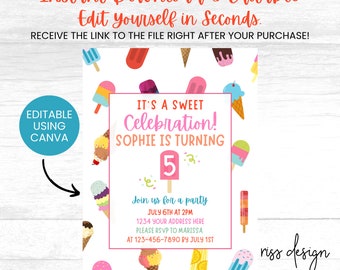 Ice Cream and Popsicle Themed Birthday Invitation / PRINTABLE Birthday Invitation / Fully Customizable in Canva! You Edit! Popsicle Birthday