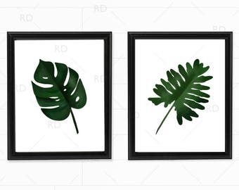 Tropical Palm Leaves - PRINTABLE Wall Art / Hawaiian Leaves Wall Art / Hand Drawn Tropical Print / Palm Leaves Print / 2 for 1 Palm Leaf Art
