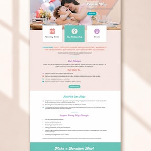 May include: A website landing page for the Loving Way Foundation featuring a soft color palette of teal and pale pink. The layout includes a hero image of a person holding a child, navigation menus, donation buttons, and text detailing the organization's mission to end child abuse through advocacy and awareness.