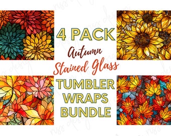 4 Pack of Stained Glass Effect Autumn Fall Colored Leaves and Flowers / 20 oz Skinny Tumbler Wrap Sublimation Design - Straight, Tapered