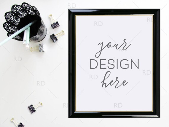 Office Supplies Frame Mockup On White Desk Styled Stock Etsy