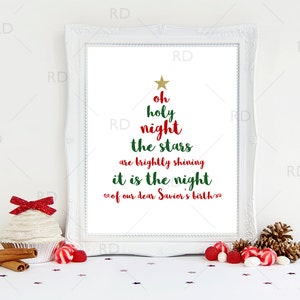 Oh heilige nacht, de sterren schijnen helder - AFDRUKBARE muurkunst / Oh heilige nacht print / kerstboomvorm / kerstteksten / kerstmis