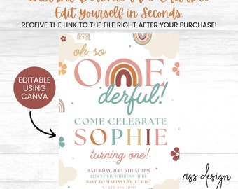 Onederful First Birthday Rainbow Themed Birthday Invitation / PRINTABLE Birthday Invitation / Fully Customizable in Canva! You Edit!