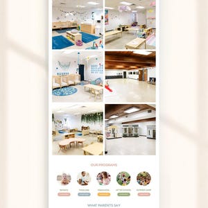 May include: A website landing page for Dream Big Academy featuring a header with smiling children, sections for philosophy, environment, programs, parent testimonials, and common questions, all presented in a clean layout with soft colors.