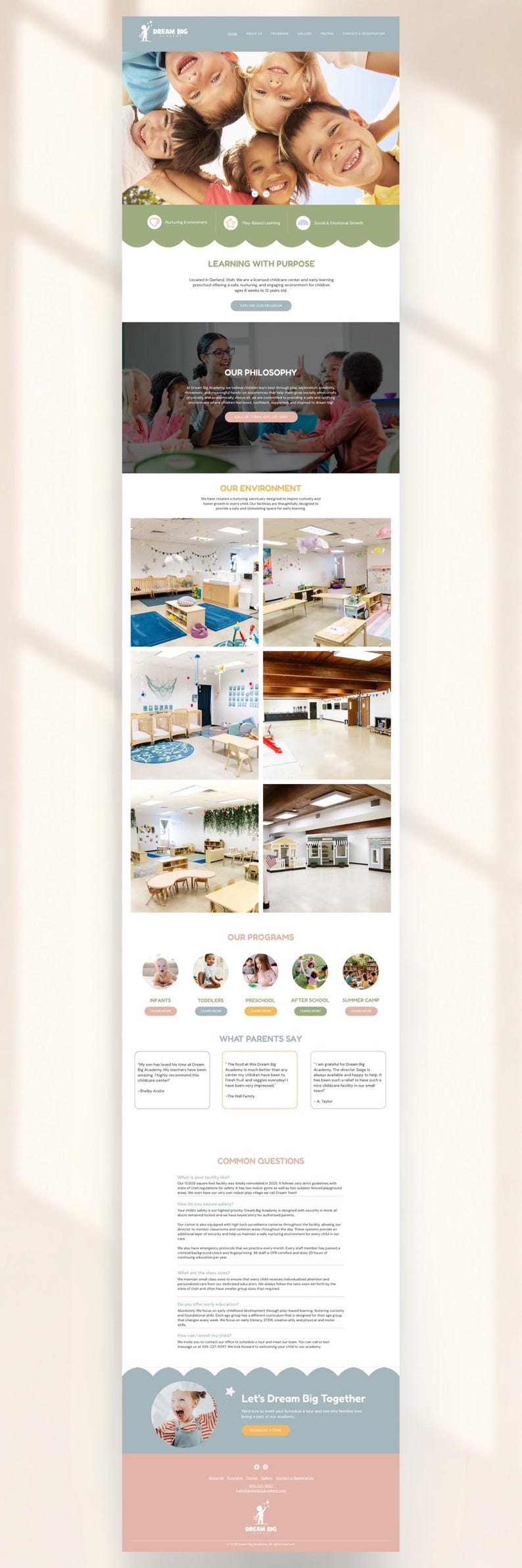May include: A website landing page for Dream Big Academy featuring a header with smiling children, sections for philosophy, environment, programs, parent testimonials, and common questions, all presented in a clean layout with soft colors.