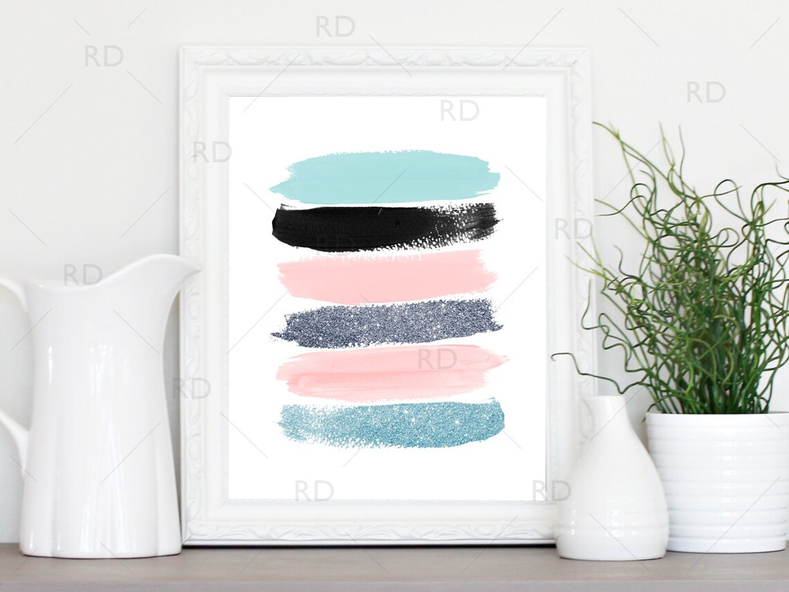 Paint Strokes PRINTABLE Wall Art / Pink Black Mint and Etsy