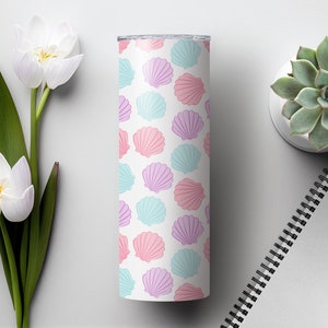 Bezszwowe wzory muszelek / 20oz Skinny Tumbler Wrap Szablony na kubki - Proste, stożkowe i 12x12 / Różowe fioletowe muszelki Aqua bezszwowe