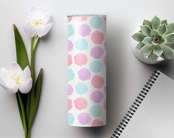 Seamless Seashells Pattern / 20oz Skinny Tumbler Wrap Tumbler Templates - Straight, Tapered and 12x12 / Pink Purple Aqua Seashells Seamless