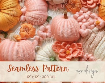 Seamless 3D Pink and Orange Embroidered Pumpkins Design / 12" x 12" Seamless Design / Pastel Fall / Fall Pumpkin Design / 300DPI