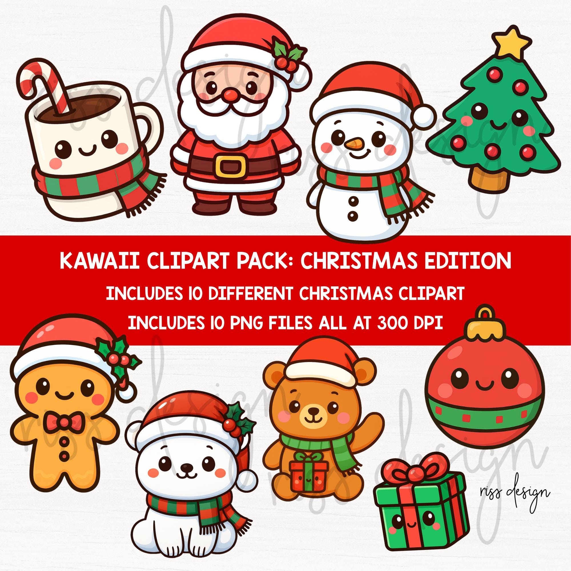 Kawaii Christmas Clipart Bundle – 10 Pngs | Cute Holiday Graphics ...