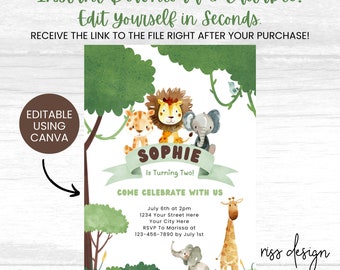 Safari Animals Birthday Party Invitation / PRINTABLE Invitation / Fully Customizable in Canva! You Edit! Safari Theme Birthday Party Invite