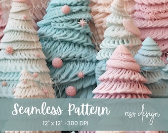 May include: Seamless pattern featuring a repeating design of pastel pink and blue Christmas trees. The trees are made of a textured material that resembles yarn or fabric. The pattern is 12 inches by 12 inches and has a resolution of 300 DPI. The text "Seamless Pattern" and "riss design" is visible at the bottom of the image.