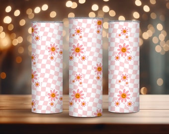 Seamless Groovy Smiling Flowers with Wavy Checkers Pattern / 20oz Skinny Tumbler Wrap Tumbler Templates - Straight, Tapered and 12x12