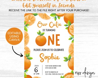 Our Cutie is Turning One Themed Invitation / PRINTABLE Birthday Invitation / Fully Customizable in Canva! You Edit! Cutie Birthday