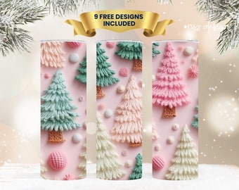 3D Pastel Embroidered Christmas Trees Tumbler Wrap / 20 oz Skinny Tumbler Wrap Sublimation - Straight and Tapered Design / Christmas Design