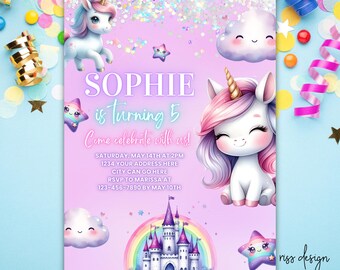 Unicorn Birthday Themed Invitation / PRINTABLE Birthday Invitation / Fully Customizable in Canva! You Edit! Unicorn Castle Birthday Theme