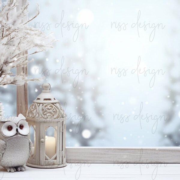 Snowy Winter Owl Digital Backdrop / Snow Window View / Table Backdrop / Premade Christmas Backdrop / Digital Backdrop