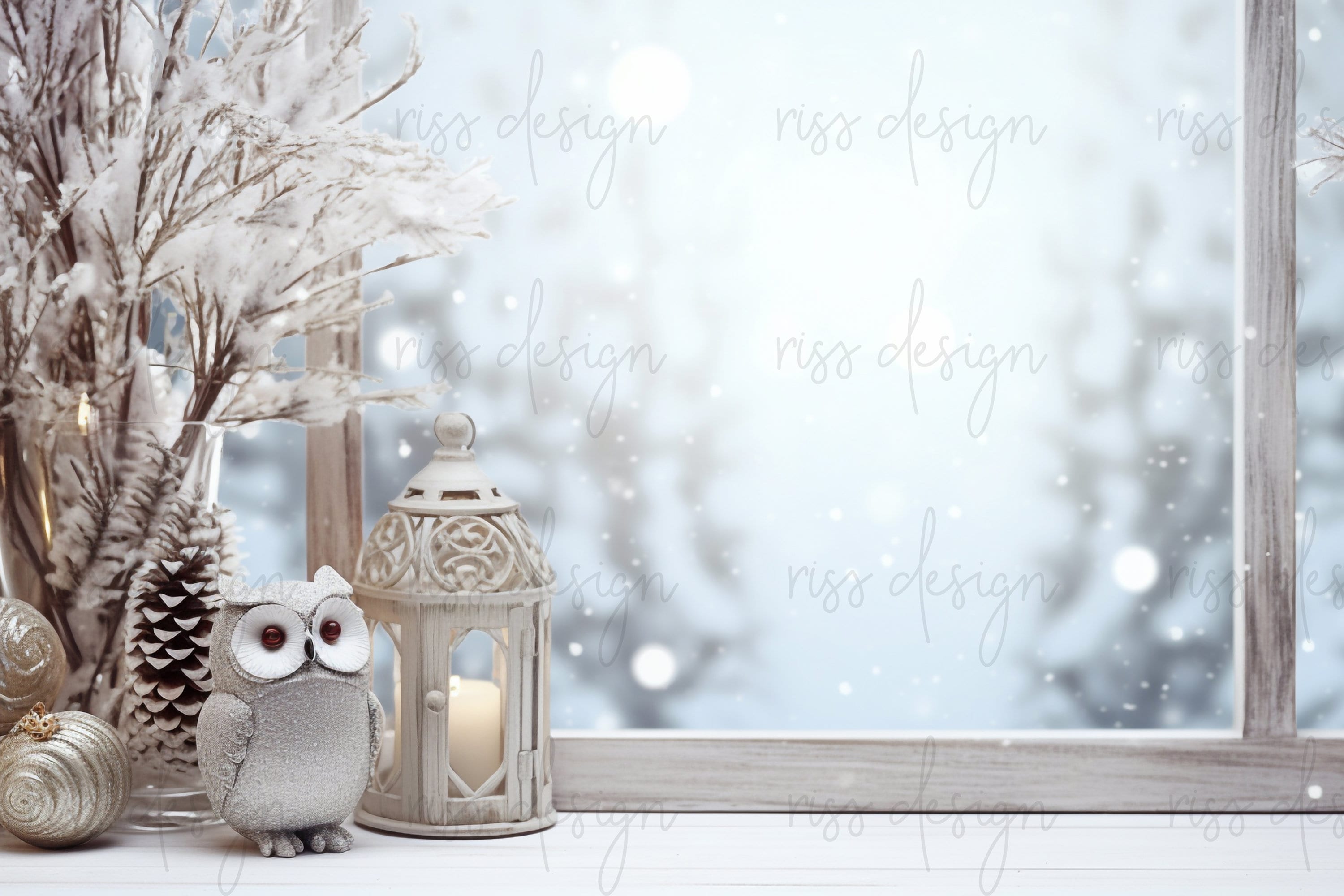 Snowy Winter Owl Digital Backdrop / Snow Window View / Table Backdrop / Premade Christmas Backdrop /