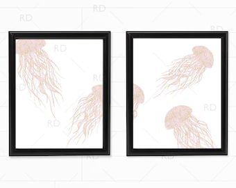Jellyfish with Blush and Gold Glitter - PRINTABLE Wall Art / Hand Drawn Jellyfish Printable / Wall Art / Ocean Art / Nautical / 2 for 1