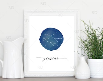 Constelación de Géminis - Arte mural IMPRIMIBLE / Arte mural de la constelación del zodíaco / Arte del zodíaco por mes / Arte astrológico imprimible