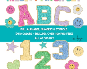 Varsity Faux Chenille Alphabet, Numbers and Symbols | Patch Style Symbols | Retro Sports Font PNG, High School Team Letters in 10 Colors