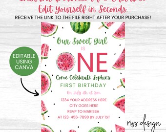 Watermelon First Birthday Themed Invitation / PRINTABLE Birthday Invitation / Fully Customizable in Canva! You Edit! Summer Birthday