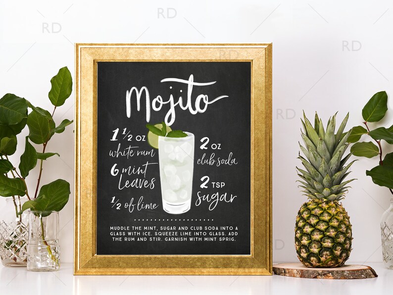 Mojito Chalkboard Cocktail With Recipe PRINTABLE Wall Art \/ - Etsy