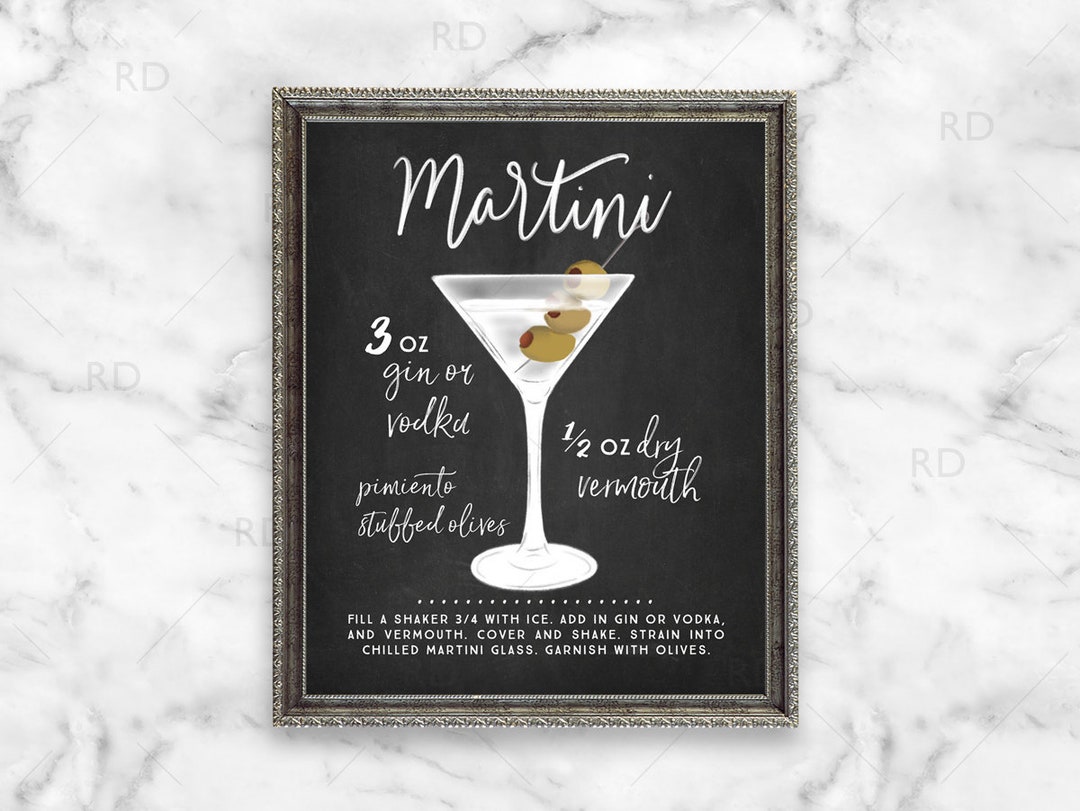 Martini Chalkboard Cocktail With Recipe PRINTABLE Wall Art / - Etsy