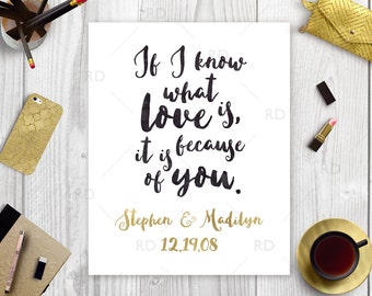 Important Date Art / If I know what love is, it is because of you PRINTABLE / Wall art / Quote print / Wedding gift art / Anniversary Gift