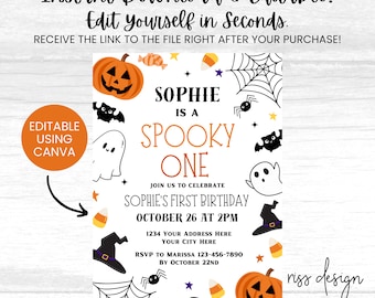 Halloween First Birthday Party Themed Invitation / PRINTABLE Birthday Invitation / Fully Customizable in Canva! You Edit! First Birthday