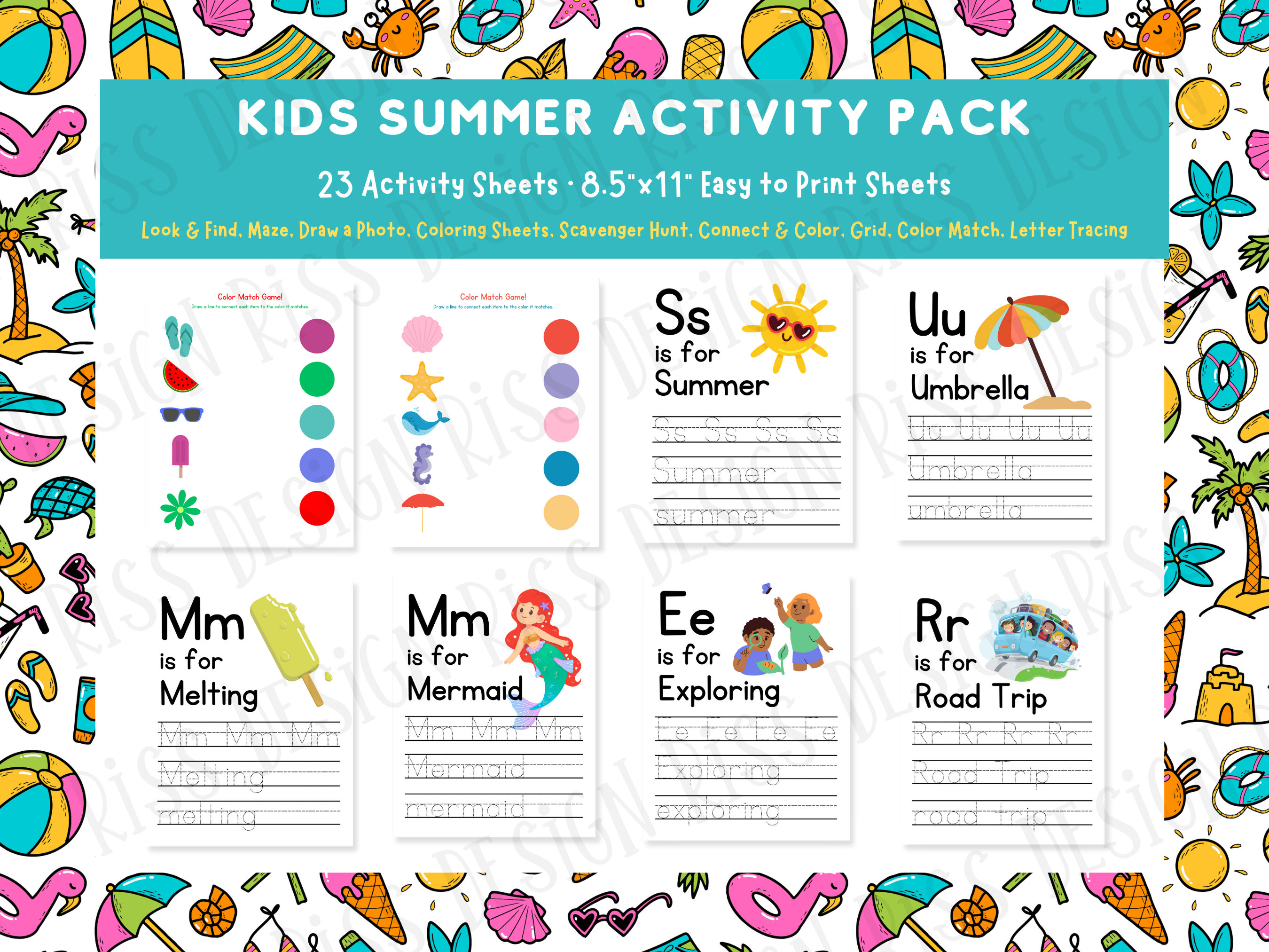 Summer Themed Activity Pack for Kids / Summer Digital Coloring Pages ...