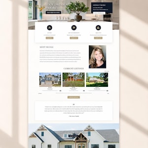 May include: A real estate website landing page for Nicole Bryant featuring a hero section with a kitchen interior, contact information, navigation menu, buyer and seller service icons, a professional headshot, current property listings, and a testimonial.
