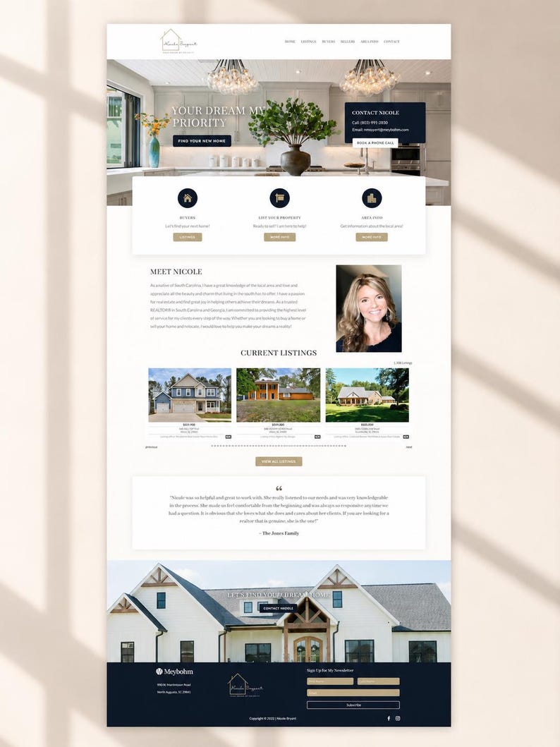 May include: A real estate website landing page for Nicole Bryant featuring a hero section with a kitchen interior, contact information, navigation menu, buyer and seller service icons, a professional headshot, current property listings, and a testimonial.