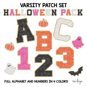 May include: Varsity patch set with the text "HALLOWEEN PACK". Includes letters A, B, and C, and numbers 1, 2, and 3 in black, orange, pink, and white. Also includes pumpkin, ghost, and bat patches. The text reads "FULL ALPHABET AND NUMBERS IN 4 COLORS!"