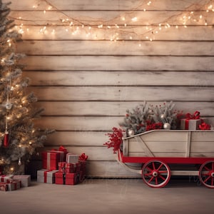May include: A red and white wooden wagon filled with a green Christmas tree and red and white gifts. The wagon is in front of a rustic wood wall with a Christmas tree decorated with lights and ornaments.