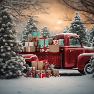 Red truck with christmas tree