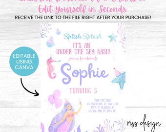 Mermaid Themed Birthday Invitation / Adorable Underwater Watercolor - PRINTABLE Birthday Invitation / Fully Customizable in Canva! You Edit!