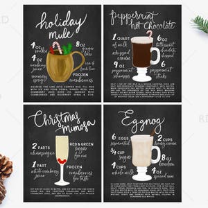 HOLIDAY Cocktails with Recipes - PRINTABLE Wall Art / Holiday Drinks Recipes Chalkboard / 4 Mixed Drinks Printables / Holiday Mule / Mimosa