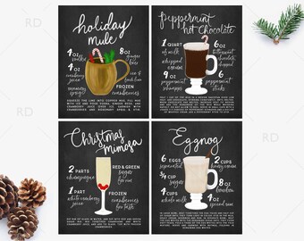HOLIDAY Cocktails with Recipes - PRINTABLE Wall Art / Holiday Drinks Recipes Chalkboard / 4 Mixed Drinks Printables / Holiday Mule / Mimosa