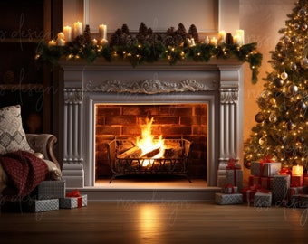 Christmas Fireplace Digital Backdrop / Christmas Card Photo / Premade Christmas Backdrop / Digital Backdrop / Christmas Backdrop