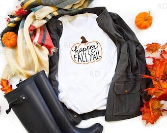 Fall Themed T-Shirt Mockup / Fall themed / Fall Mockup / TShirt Mockup / White TShirt Mockup / Plain Shirt Mockup with Rain Boots, Pumpkins